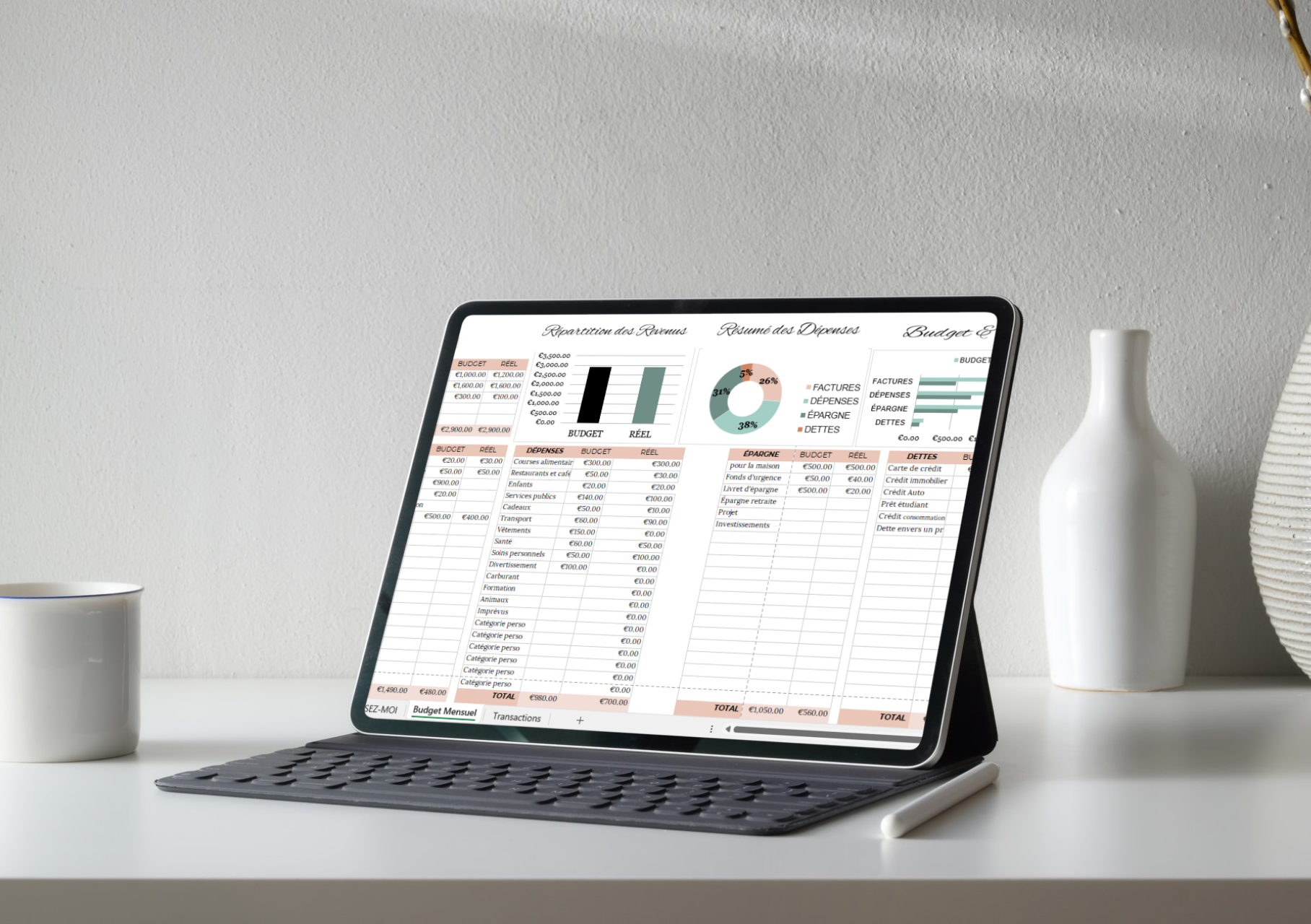 Tableau Budget Mensuel Track & Control sur tablette : revenus, dépenses, épargne et dettes avec graphiques